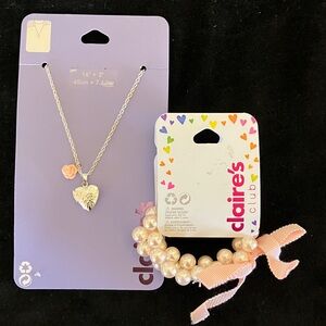 Claire's Silver Heart Necklace with Pink Rose and Pearl Bracelet